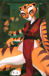 Size: 825x1280 | Tagged: safe, alternate version, artist:bearbeer, master tigress (kung fu panda), big cat, feline, mammal, tiger, anthro, digitigrade anthro, dreamworks animation, kung fu panda, 2022, bedroom eyes, black nose, bottomwear, breasts, clothes, digital art, dress, ears, eyelashes, female, fur, looking at you, pose, solo, solo female, tail, thighs, wide hips