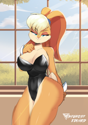 Size: 1614x2283 | Tagged: safe, alternate version, artist:byghosteduard, lola bunny (looney tunes), lagomorph, mammal, rabbit, anthro, looney tunes, warner brothers, 2023, bedroom eyes, big breasts, breasts, clothes, detailed background, digital art, ears, eyelashes, female, fur, gloves, hair, leotard, pink nose, pose, short tail, solo, solo female, tail, thighs, wide hips, window