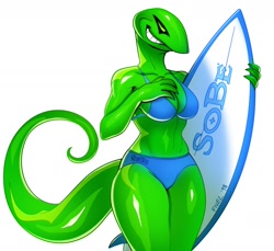 Size: 1280x1172 | Tagged: safe, artist:fivel, lizard, reptile, anthro, big breasts, bikini, blue bikini, blue swimsuit, breasts, clothes, female, sobe, solo, solo female, surfboard, swimsuit, tail, thick thighs, thighs, wide hips
