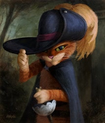 Size: 1966x2292 | Tagged: safe, artist:shuploc, puss in boots (dreamworks), cat, feline, mammal, anthro, dreamworks animation, shrek, cloak, clothes, detailed, hat, headwear, male, painting, solo, solo male, sword, weapon