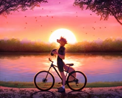 Size: 1169x946 | Tagged: safe, artist:azuzza, oc, canine, dog, mammal, anthro, 2021, bicycle, clothes, digital art, ears, eyes closed, fur, hair, headwear, helmet, male, outdoors, shoes, solo, solo male, standing, sunset, tail, tan body, tan fur, tan hair, water