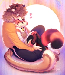 Size: 1013x1180 | Tagged: safe, artist:azuzza, oc, big cat, feline, leopard, mammal, red panda, anthro, 2021, anthro/anthro, bottomwear, clothes, cream body, cream fur, digital art, duo, duo male and female, ears, eyes closed, female, fur, gray body, gray fur, heart, male, male/female, overalls, pants, paws, red body, red fur, tail, topwear