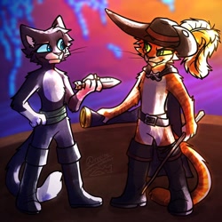 Size: 1440x1440 | Tagged: safe, artist:arctica the fox, kitty softpaws (puss in boots), puss in boots (dreamworks), cat, feline, mammal, anthro, plantigrade anthro, dreamworks animation, puss in boots (movie), shrek, anthrofied, black body, black fur, blue eyes, cheek fluff, duo, duo male and female, female, fluff, fur, green eyes, hair, male, male/female, orange body, orange fur, paws, scenery, scenery porn, smiling, tail, tail fluff