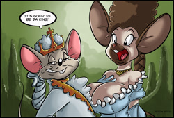 Size: 1800x1224 | Tagged: safe, artist:dutch, mammal, mouse, rodent, anthro, absolute cleavage, bedroom eyes, breasts, buckteeth, cleavage, crown, duo, female, grin, grinning at you, headwear, huge breasts, jewelry, looking at you, male, open mouth, open smile, regalia, smiling, smiling at you, teeth