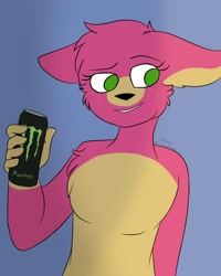 Size: 1920x2400 | Tagged: safe, artist:azure moon, oc, oc only, oc:jingle, canine, coyote, mammal, anthro, can, cheek fluff, chest fluff, container, energy drink, female, fluff, fur, green eyes, hair, head fluff, monster energy, simple background, smiling, solo, solo female