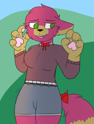 Size: 307x406 | Tagged: safe, artist:azure moon, oc, oc only, oc:jingle, canine, coyote, mammal, anthro, cheek fluff, chest fluff, clothes, female, fluff, fur, green eyes, hair, head fluff, paw pads, paws, paws in air, simple background, smiling, solo, solo female