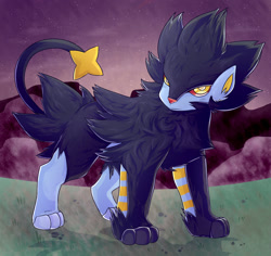 Size: 1800x1700 | Tagged: safe, artist:typh, fictional species, luxray, mammal, feral, nintendo, pokémon, 2018, ambiguous gender, detailed background, lighting, shaded, solo, solo ambiguous