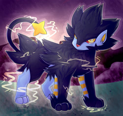 Size: 1800x1700 | Tagged: safe, artist:typh, fictional species, luxray, mammal, feral, nintendo, pokémon, 2018, ambiguous gender, detailed background, electricity, grass, lighting, shaded, solo, solo ambiguous