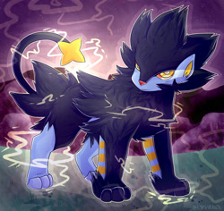 Size: 1800x1700 | Tagged: safe, artist:typh, fictional species, luxray, mammal, feral, nintendo, pokémon, 2018, ambiguous gender, detailed background, electricity, solo, solo ambiguous