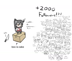 Size: 1638x1396 | Tagged: safe, artist:tunaplus_c, texas (arknights), animal humanoid, canine, fictional species, mammal, wolf, humanoid, arknights, black hair, box, chibi, container, english text, group, hair, knife, large group, open mouth, open smile, orange eyes, simple background, smiling, standing, text, white background