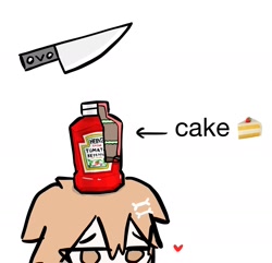 Size: 1561x1504 | Tagged: safe, artist:tunaplus_c, inugami korone (hololive), animal humanoid, canine, dog, fictional species, mammal, humanoid, hololive, brown eyes, brown hair, cake, english text, everything is cake, female, food, hair, heart, ketchup, knife, simple background, solo, solo female, text, vtuber, white background
