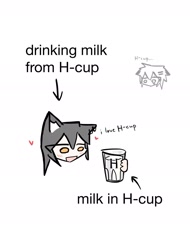 Size: 1360x1791 | Tagged: safe, artist:tunaplus_c, lappland (arknights), texas (arknights), animal humanoid, canine, fictional species, mammal, wolf, humanoid, arknights, black hair, blushing, container, cup, drink, duo, duo female, english text, female, females only, hair, head only, heart, holding, holding object, milk, open mouth, open smile, orange eyes, simple background, smiling, text, white background