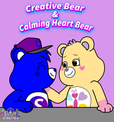 Size: 3488x3733 | Tagged: safe, artist:mrstheartist, oc, oc:creative bear, bear, fictional species, mammal, semi-anthro, care bears, care bears: unlock the magic, belly badges, calming heart bear (care bears), cap, care bear, duo, eyes closed, female, hat, headwear, keeping company, male, purple background, show accurate, simple background, smiling