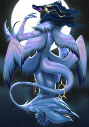 Size: 742x1053 | Tagged: safe, artist:azuzza, oc, oc only, fictional species, anthro, 2021, butt, claws, digital art, feathered wings, feathers, gray body, moon, paws, solo, stars, tail, tail tuft, wings