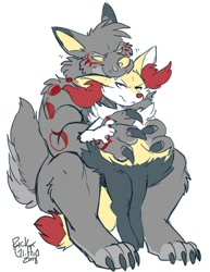 Size: 744x963 | Tagged: safe, artist:rick griffin, braixen, canine, fictional species, mammal, anthro, nintendo, pokémon, 2018, anthro/anthro, black body, black fur, digital art, duo, ears, fur, gray body, gray fur, looking at each other, male, paws, red body, red fur, signature, simple background, sitting, size difference, starter pokémon, tail, white background, yellow body, yellow fur