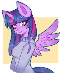 Size: 1653x2000 | Tagged: safe, artist:puffyrin, twilight sparkle (mlp), alicorn, equine, fictional species, mammal, pony, anthro, friendship is magic, hasbro, my little pony, 2023, anthrofied, feathered wings, feathers, female, horn, multicolored mane, purple body, smiling, solo, solo female, tail, wings
