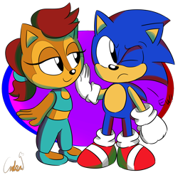Size: 1700x1672 | Tagged: safe, artist:reinadecorazonez, classic sonic, princess sally acorn (sonic), sonic the hedgehog (sonic), sega, sonic the hedgehog (satam), sonic the hedgehog (series), duo, female, male, younger