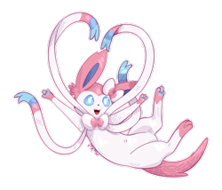 Size: 700x600 | Tagged: safe, artist:petrachoir, eeveelution, fictional species, mammal, sylveon, feral, nintendo, pokémon, 2017, ambiguous gender, blue eyes, clip studio, digital art, ears, fur, lace, manga studio, open mouth, paw pads, paws, photoshop, pink body, pink fur, ribbon, simple background, solo, solo ambiguous, tail, teeth, tongue, transparent background, white body, white fur