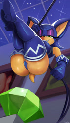 Size: 2161x3787 | Tagged: suggestive, artist:cranihum1, rouge the bat (sonic), bat, mammal, anthro, sega, sonic the hedgehog (series), big breasts, big butt, bodysuit, boots, breasts, butt, chiropteran, clothes, emerald, gem, gloves, heels, looking down, low angle, museum, night, painting, reflection, rope, shoes, short tail, sneaking, sneaky, stealth, sweat, sweaty butt, tail, thief, tight clothing