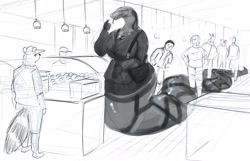 Size: 2304x1484 | Tagged: safe, artist:doctordotdj, cervid, deer, fictional species, human, mammal, procyonid, raccoon, reptile, snake, anthro, naga, deli, female, food, indoors, long tail, male, monochrome, restaurant, snake tail, tail, waiting