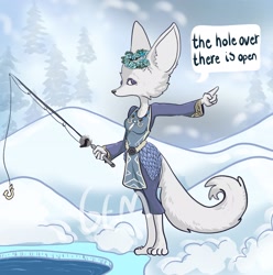 Size: 2555x2575 | Tagged: safe, artist:pawsnip, canine, fictional species, fox, mammal, vulpera, anthro, blizzard entertainment, world of warcraft, female, fishing rod, ice, snow, solo, solo female, tail, water