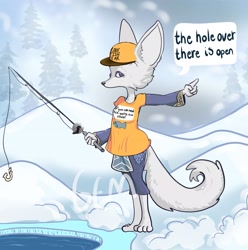 Size: 2555x2575 | Tagged: safe, artist:pawsnip, canine, fox, mammal, anthro, clothes, female, fishing rod, hat, headwear, ice, shirt, snow, solo, solo female, tail, topwear, water
