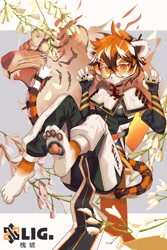 Size: 3508x5237 | Tagged: safe, artist:灭圣之枪, waaifu (arknights), big cat, feline, mammal, tiger, anthro, arknights, 2019, feet, female, paw pads, paws, solo, solo female