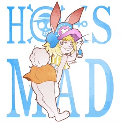 Size: 888x886 | Tagged: safe, artist:scottyartz, carrot (one piece), lagomorph, mammal, rabbit, anthro, one piece, barefoot, bedroom eyes, big butt, butt, clothes, feet, female, hat, headwear, looking at you, looking back, looking back at you, smiling, smiling at you, solo, solo female, thick thighs, thighs, toes, wide hips