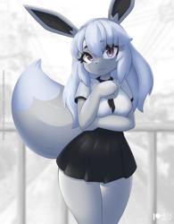 Size: 961x1230 | Tagged: safe, artist:rilexlenov, eevee, eeveelution, fictional species, mammal, shiny pokémon, anthro, nintendo, pokémon, 2023, anthrofied, arm under breasts, black nose, bottomwear, breasts, clothes, detailed background, digital art, ears, eyelashes, female, fluff, fur, hair, looking at you, neck fluff, pose, school uniform, schoolgirl, shirt, skirt, solo, solo female, tail, thighs, topwear, wide hips