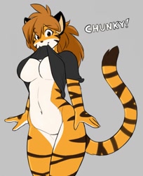Size: 1045x1280 | Tagged: suggestive, artist:hexteknik, flora (twokinds), fictional species, keidran, mammal, anthro, twokinds, 2020, belly button, big breasts, black nose, bottomless, breasts, clothes, digital art, ears, eyelashes, featureless crotch, female, fur, hair, holding, looking at you, mouth hold, nudity, partial nudity, pose, shirt, shirt lift, simple background, solo, solo female, tail, thighs, topwear, wide hips