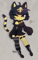 Size: 758x1218 | Tagged: safe, artist:typh, ankha (animal crossing), cat, feline, mammal, anthro, animal crossing, nintendo, black clothing, black hair, boots, breasts, clothes, collar, emo, female, fishnet, fishnet stockings, fur, goth, hair, high res, legwear, looking at you, mismatched legwear, one eye closed, see-through, shoes, short hair, simple background, solo, solo female, spiked collar, stockings, striped clothes, striped legwear, thick thighs, thighs, watermark, wide hips, yellow body