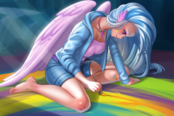 Size: 4700x3133 | Tagged: safe, alternate version, artist:racoonsan, silverstream (mlp), animal humanoid, bird, equine, fictional species, hippogriff, mammal, humanoid, friendship is magic, hasbro, my little pony, barefoot, belt, bottomwear, breasts, clothes, cute, eared humanoid, feet, female, humanoidized, jacket, jewelry, necklace, paint, paintbrush, painting, profile, shorts, side view, solo, solo female, species swap, topwear, wing ears, winged humanoid, wings