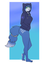 Size: 927x1200 | Tagged: safe, alternate version, artist:kadath, krystal (star fox), canine, fox, mammal, anthro, plantigrade anthro, nintendo, star fox, 2021, accessories, bedroom eyes, black nose, bottomless, breasts, clothes, digital art, ears, eyelashes, female, fur, hair, hands in pockets, hoodie, jewelry, nudity, partial nudity, simple background, solo, solo female, tail, thighs, topwear, tribal markings, vixen, wide hips