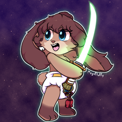 Size: 1280x1280 | Tagged: safe, artist:megafluffy99, lop (star wars: visions), lagomorph, mammal, rabbit, anthro, star wars, star wars: visions, baby, babyfur, diaper, lightsaber, weapon, young