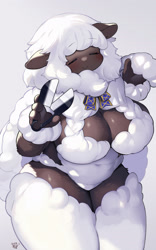 Size: 1438x2300 | Tagged: safe, artist:kishibe_, bovid, caprine, mammal, sheep, anthro, breasts, cleavage, female, fluff, huge breasts, neck fluff, slightly chubby, solo, solo female, thick thighs, thighs, wide hips