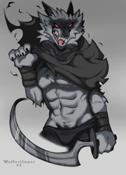 Size: 900x1248 | Tagged: safe, artist:wolfertinger, death (puss in boots), canine, mammal, wolf, anthro, dreamworks animation, puss in boots (movie), shrek, abs, animated, artist name, black pants, cloak, ftm transgender, fur, gif, gradient background, gray background, gray body, gray cloak, gray fur, holding, holding object, holding weapon, male, mastectomy scar, muscles, muscular male, open mouth, open smile, pecs, sharp teeth, shine, sickle, simple background, smiling, solo, solo male, teeth, transgender, weapon