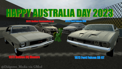 Size: 1188x669 | Tagged: safe, artist:didgereethebrony, oc, oc only, oc:didgeree, feral, 3d, australia day, ford, ford falcon, garry's mod, holden, holden commodore, holden monaro, male, solo, solo male