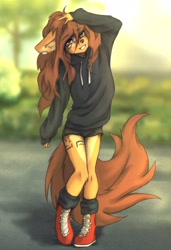 Size: 1752x2566 | Tagged: safe, artist:tinygaypirate, oc, oc:apogee (tinygaypirate), canine, dog, mammal, anthro, brown eyes, brown hair, clothes, ears, female, fur, hair, hoodie, looking at you, outdoors, shoes, solo, solo female, standing, tail, tan body, tan fur, topwear