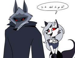 Size: 1758x1358 | Tagged: safe, artist:emositecc, death (puss in boots), loona (vivzmind), canine, fictional species, hellhound, mammal, wolf, anthro, comic:loona and death, dreamworks animation, hazbin hotel, helluva boss, puss in boots (movie), shrek, anthro/anthro, black sclera, cloak, colored sclera, crossover, crossover shipping, deathoona (puss in boots/vivzmind), duo, duo male and female, english text, female, fur, interspecies, male, male/female, one sided shipping, red eyes, red sclera, shipping, simple background, speech bubble, text, white background, white body, white eyes, white fur