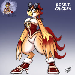 Size: 1491x1484 | Tagged: safe, artist:drxii, oc, oc only, oc:rose t chicken (drxii), bird, chicken, galliform, anthro, sega, sonic riders, sonic the hedgehog (series), amber eyes, breasts, cleavage, clothes, corset, feathers, female, gradient background, solo, solo female, tail