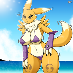 Size: 3000x3000 | Tagged: safe, artist:normi, fictional species, renamon, anthro, digimon, 2022, beach, belly button, big breasts, black nose, black sclera, breasts, clothes, colored sclera, detailed background, digital art, ears, eyelashes, female, fingerless gloves, fluff, fur, gloves, looking at you, neck fluff, pose, solo, solo female, tail, thighs, wide hips