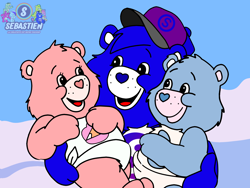 Size: 2048x1536 | Tagged: safe, artist:mrstheartist, edit, edited screencap, screencap, oc, oc:creative bear, bear, fictional species, mammal, semi-anthro, care bears, baby, black outline, care bear, carrying, diaper, female, group, happy, heart nose, hugs (care bears), looking at each other, male, sky, smiling, the care bears family, trio, tugs (care bears), young