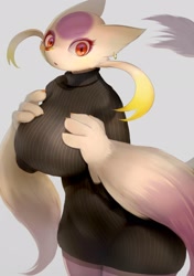 Size: 1440x2048 | Tagged: safe, artist:hopping_zc, fictional species, mammal, mienshao, anthro, nintendo, pokémon, big breasts, breasts, clothes, female, solo, solo female, sweater, sweater dress, thick thighs, thighs, topwear, turtleneck, wide hips