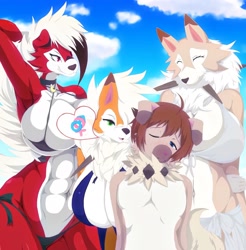 Size: 3072x3122 | Tagged: suggestive, artist:q wed, dusk lycanroc, fictional species, lycanroc, mammal, midday lycanroc, midnight lycanroc, rockruff, anthro, nintendo, pokémon, 2018, abs, anthro/anthro, armpits, arms behind head, beach, bikini, black nose, blushing, breasts, clothes, cloud, digital art, ears, eyelashes, female, fluff, fur, hair, huge breasts, male, male/female, muscles, muscular female, neck fluff, one eye closed, pecs, sky, swimsuit, tail