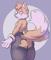 Size: 1102x1280 | Tagged: suggestive, artist:nyankyun540, miles "tails" prower (sonic), canine, fox, mammal, red fox, anthro, sega, sonic the hedgehog (series), 2022, breasts, butt, cheek fluff, clothes, crossdressing, digital art, ears, femboy, fluff, fur, looking at you, looking back, looking back at you, male, multiple tails, panties, rear view, simple background, solo, solo male, tail, thighs, torn pants, two tails, underwear