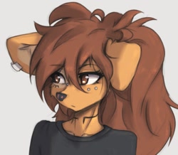 Size: 1255x1092 | Tagged: safe, artist:tinygaypirate, oc, oc:apogee (tinygaypirate), canine, dog, mammal, anthro, 2023, black clothing, black nose, brown eyes, brown hair, bust, clothes, digital art, ear piercing, eyelashes, female, fur, hair, piercing, shirt, simple background, solo, solo female, tan body, tan fur, topwear, white background