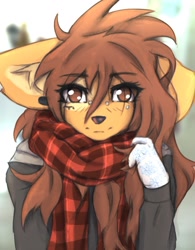 Size: 1146x1473 | Tagged: safe, artist:tinygaypirate, oc, oc:apogee (tinygaypirate), canine, dog, mammal, anthro, 2022, blurred background, brown body, brown fur, brown hair, bust, clothes, digital art, ear piercing, eyelashes, female, front view, fur, hair, looking at you, piercing, scarf, smiling, smiling at you, solo, solo female, tan body, tan fur