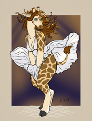 Size: 820x1074 | Tagged: safe, artist:ais05, oc, oc only, oc:gracey halvenka (sirhcx), giraffe, mammal, anthro, unguligrade anthro, 2023, 2d, bottomwear, breasts, brown hair, cleavage, clothes, cloven hooves, commission, digital art, dress, ears, female, fur, green eyes, hair, hooves, horns, marilyn monroe, signature, solo, solo female, spots, spotted fur, tail, tail tuft, tan body, tan fur, the seven year itch