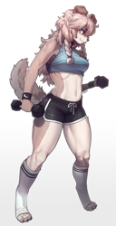 Size: 1338x2609 | Tagged: safe, artist:pgm300, canine, mammal, anthro, digitigrade anthro, bottomwear, clothes, crop top, digital art, female, fur, high res, short shorts, shorts, simple background, solo, solo female, topwear, weight lifting, white background