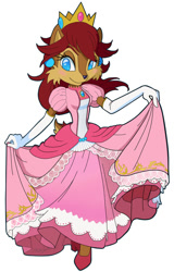 Size: 600x937 | Tagged: safe, princess peach (mario), princess sally acorn (sonic), chipmunk, mammal, rodent, anthro, archie sonic the hedgehog, mario (series), nintendo, sega, sonic the hedgehog (series), bottomwear, clothes, cosplay, crossover, crown, dress, ear piercing, earring, female, gloves, headwear, jewelry, long gloves, piercing, regalia, shoes, solo, solo female